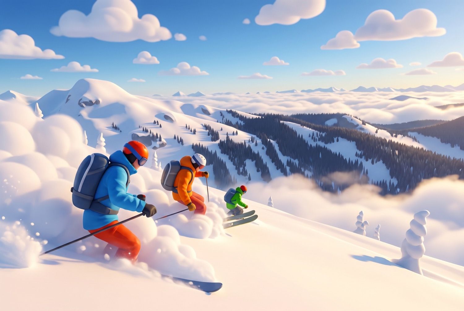 A colourful 3D-illustrated scene of three skiers in blue, orange and green carving down deep powder, with snow-covered peaks and a sea of cloud stretching to the horizon.