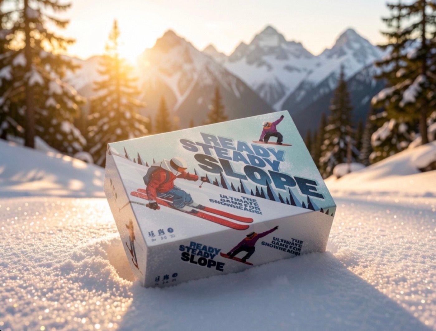 The Ready Steady Slope game box sitting in fresh snow at sunset, with pine trees and jagged snowy peaks behind. The box art shows a skier in a red jacket and a snowboarder in purple.