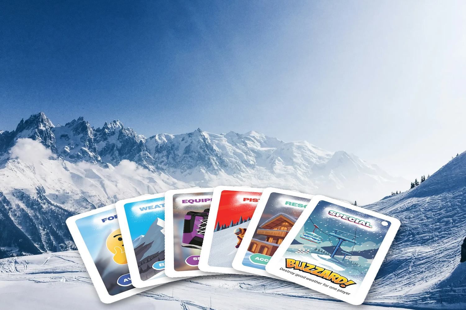 A fan of six Ready Steady Slope cards in front of the Aiguilles de Chamonix and the Mont Blanc massif, one of each type: Form, Weather, Equipment, Piste, Resort, and a Special card reading Blizzard! Destroy good weather for one player.