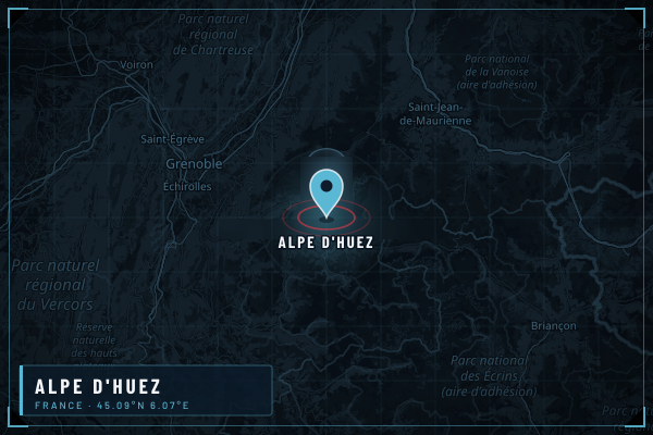Map showing Alpe D’Huez in French Alps, France