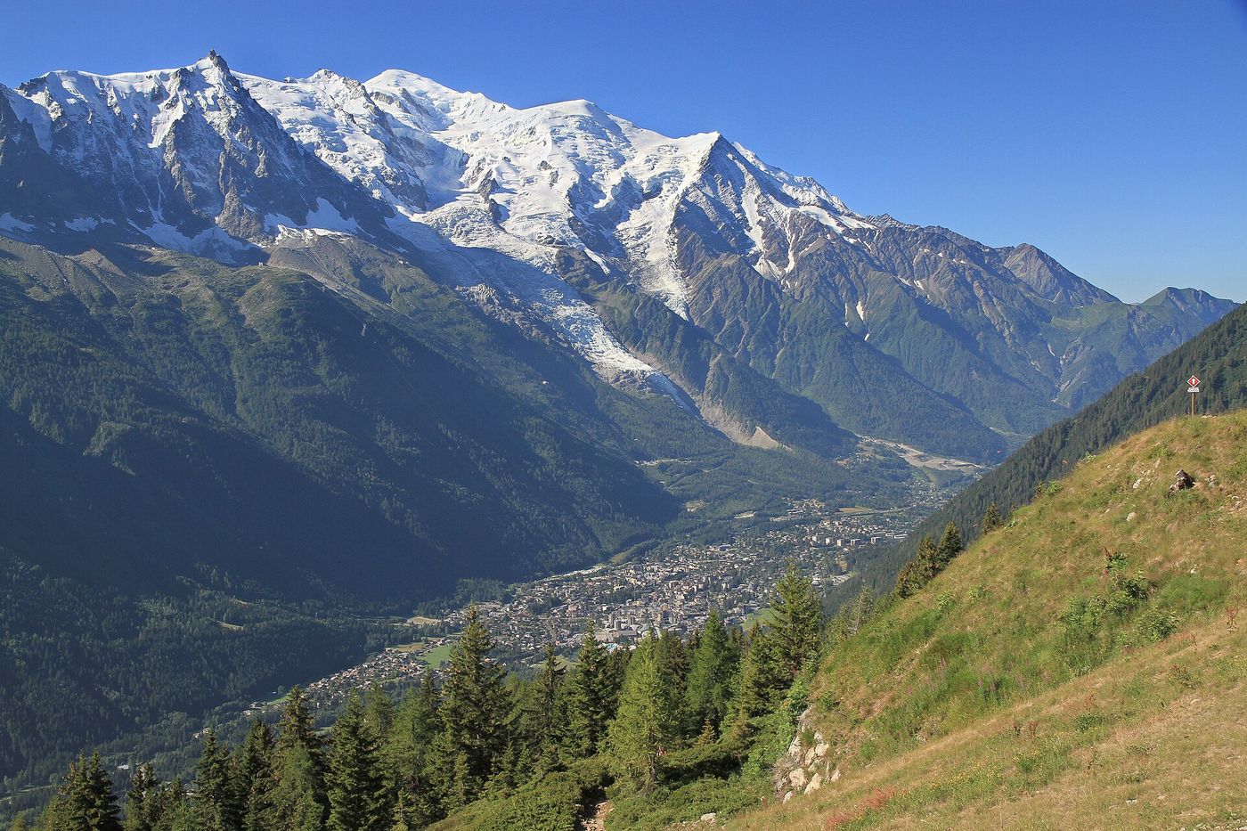 The snow-capped Mont Blanc massif towering over the town of Chamonix in the valley below