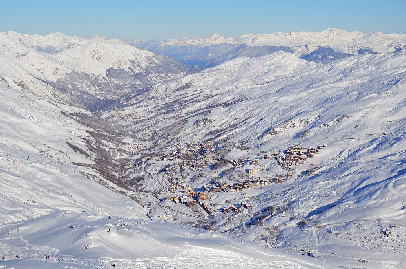 Aerial view of Les Menuires ski resort and the Belleville valley looking down from the high pistes of the Three Valleys domain