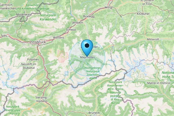 Map showing Mayrhofen in Zillertal, Tyrol, Austria