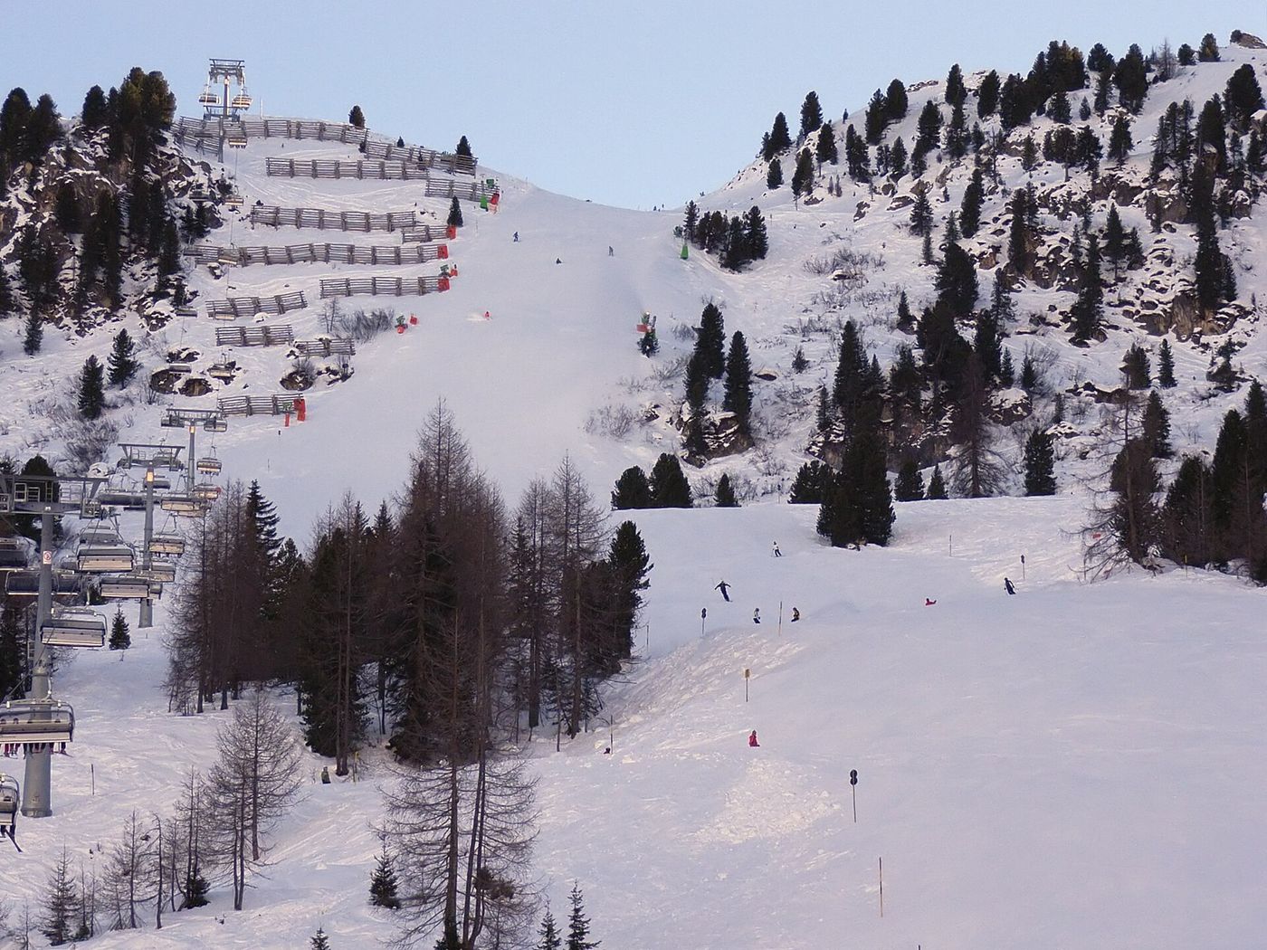 The steep Harakiri black piste at Mayrhofen with its chairlift running up the wall of the slope