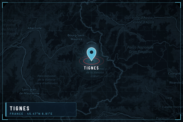 Map showing Tignes in French Alps, France